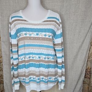 Alfred Dunner Women's Sweater - Blue, White, and Tan Stripes